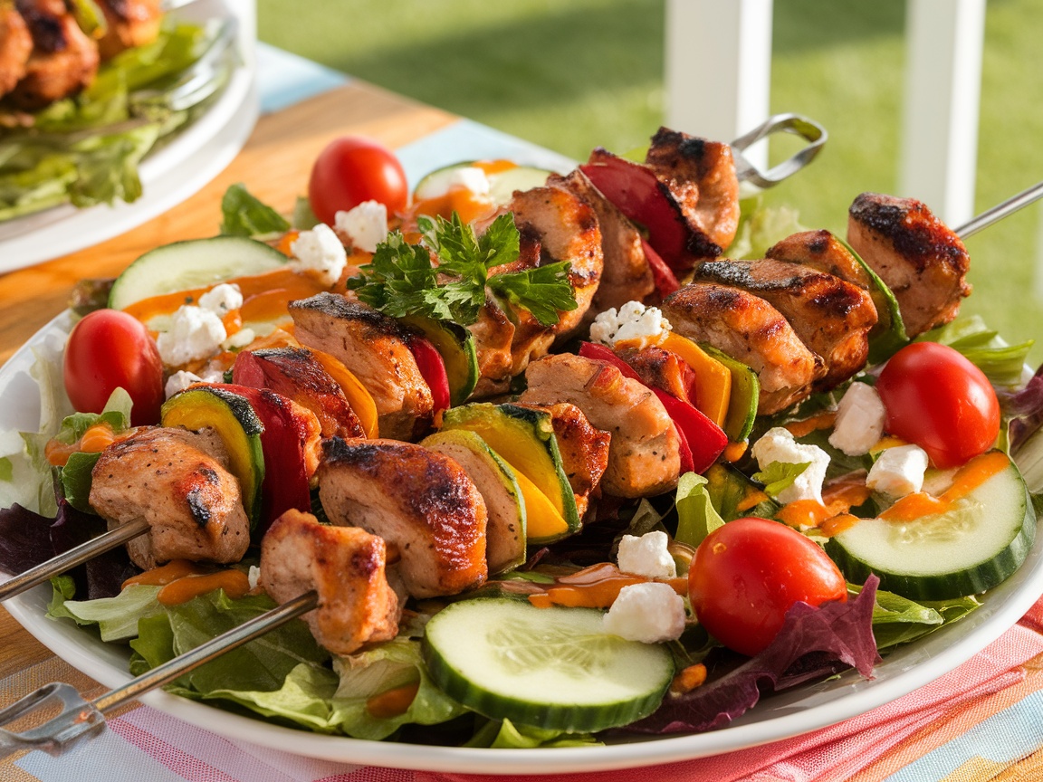 BBQ Chicken Skewer Salad Recipe A colorful BBQ Chicken Skewer Salad with grilled chicken, mixed greens, cherry tomatoes, and cucumber, garnished with feta cheese and parsley.